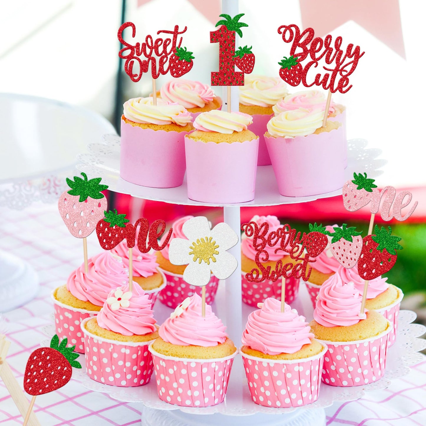 ZHUOWEISM 30 Pcs Sweet One Strawberry Cupcake Toppers – Glitter Berry Birthday Party Decor