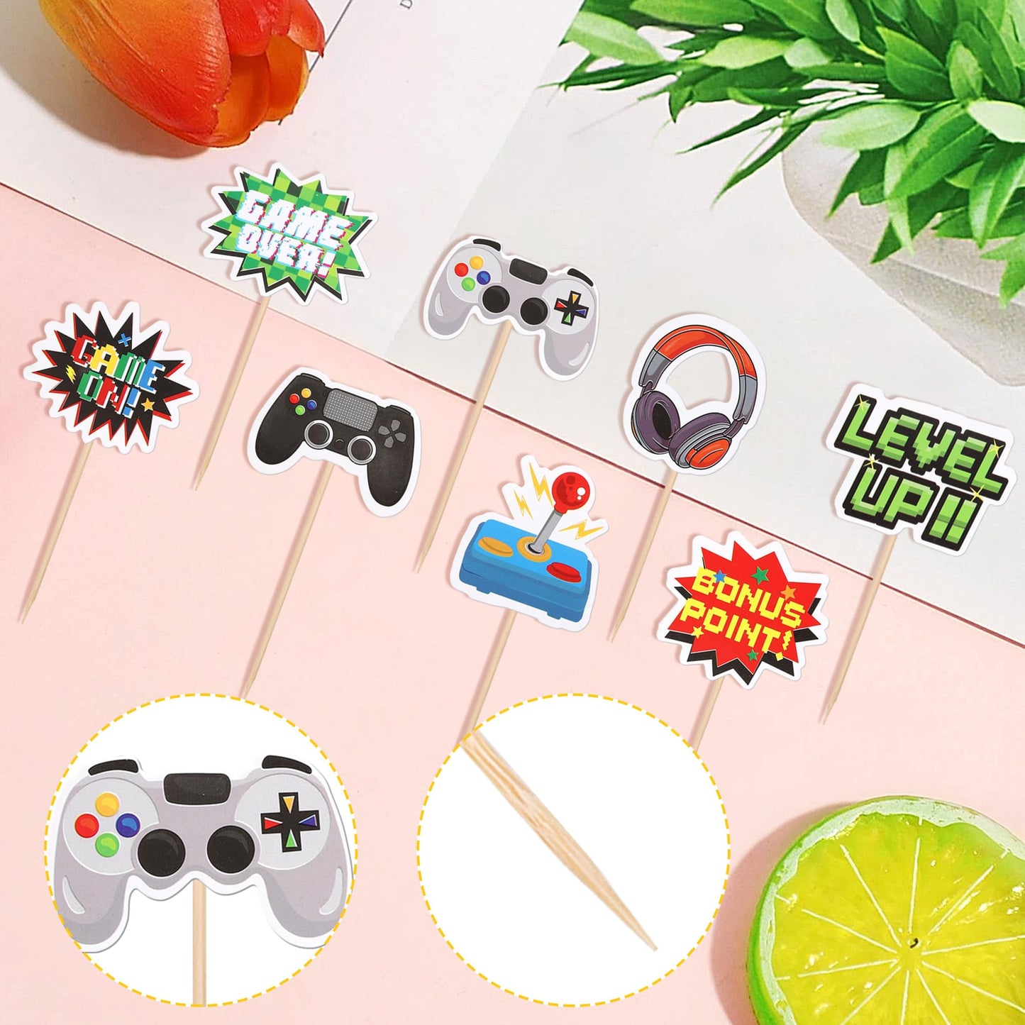 ZHUOWEISM 40 PCS Video Game Cupcake Toppers – Double-Sided Game On Controllers for Party Cakes