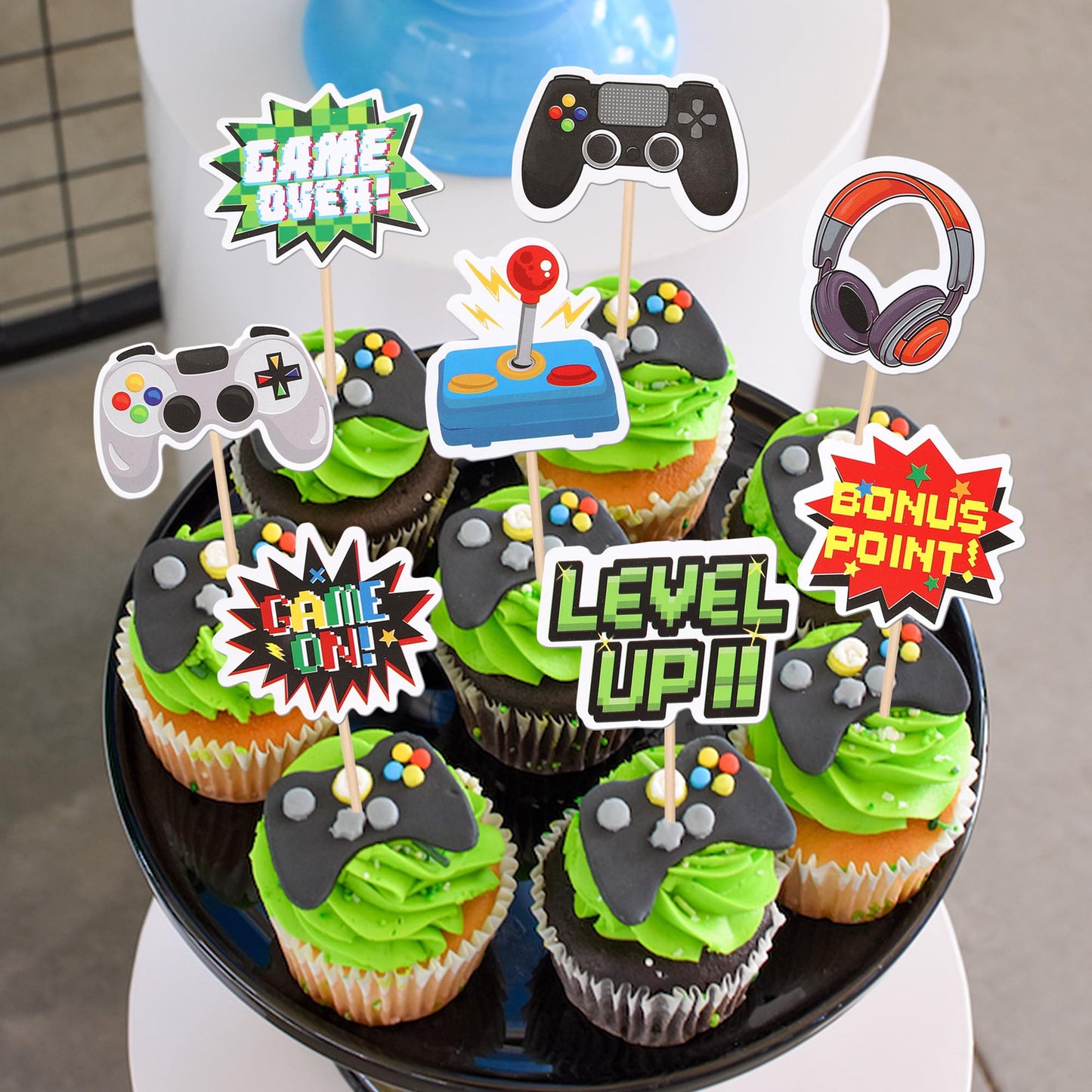 ZHUOWEISM 40 PCS Video Game Cupcake Toppers – Double-Sided Game On Controllers for Party Cakes