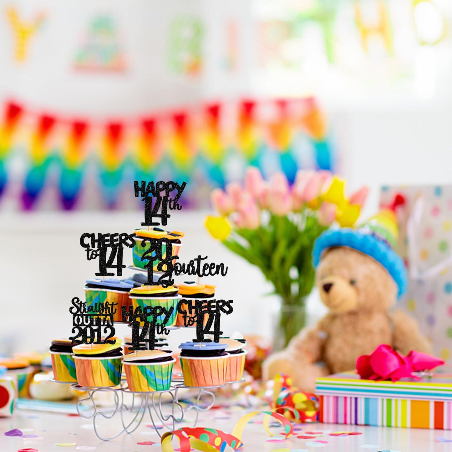 ZHUOWEISM 30pcs Black Glitter Cupcake Toppers – Straight Outta 2012 for 14th Birthday & Anniversary