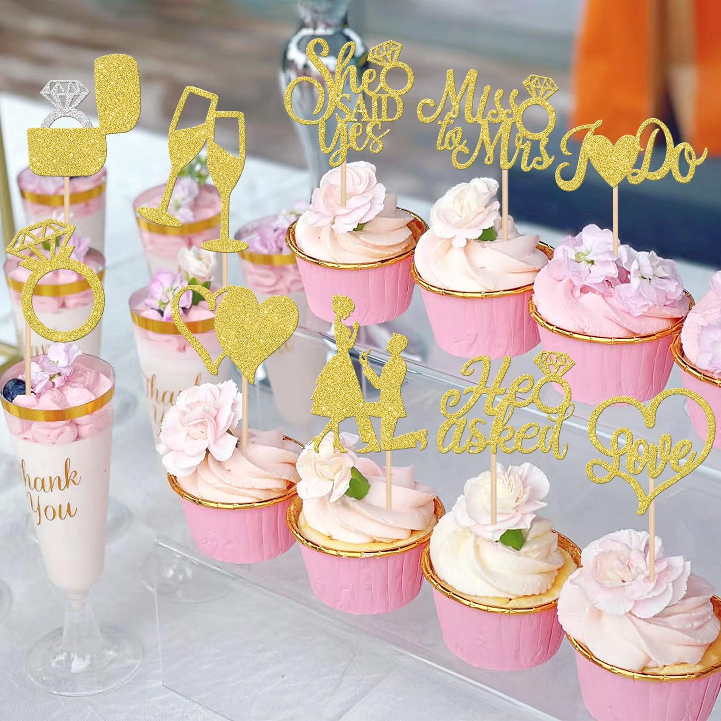 ZHUOWEISM 30-Piece Glitter Cupcake Toppers – He Asked She Said Yes | Miss to Mrs I Do Love Heart Ring