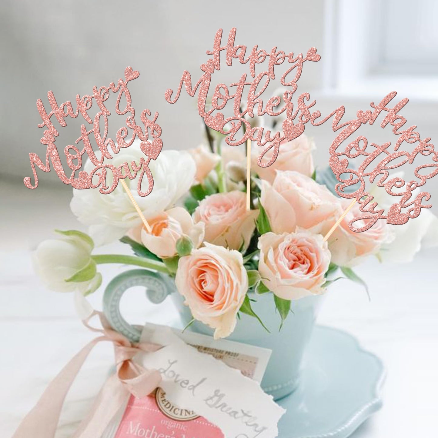 ZHUOWEISM 12 Pcs Mother's Day Centerpiece Sticks – Double-Sided Glitter Love Decor
