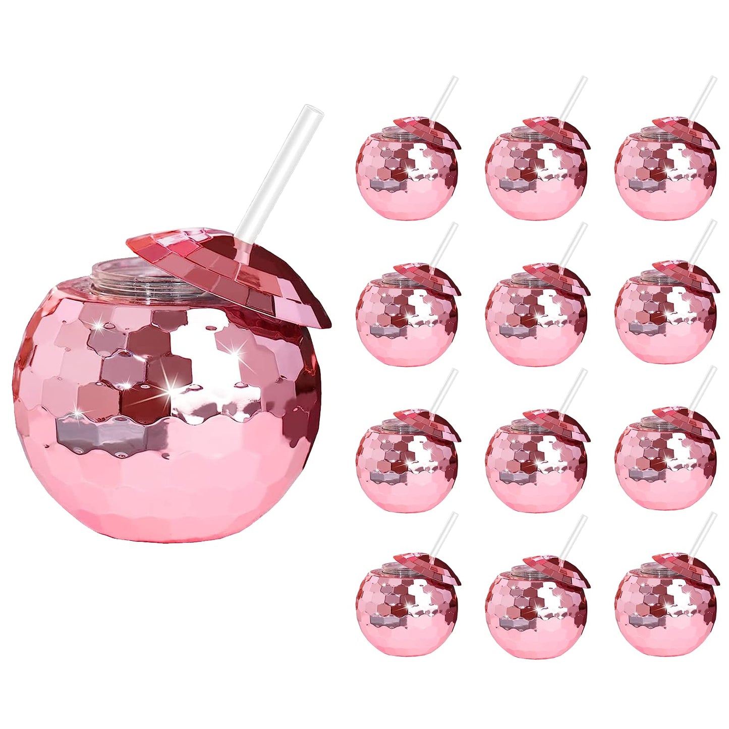 ZHURUININ Disco Ball Cups 20oz – Rose Gold with Lid & Reusable Straw (12-Count)