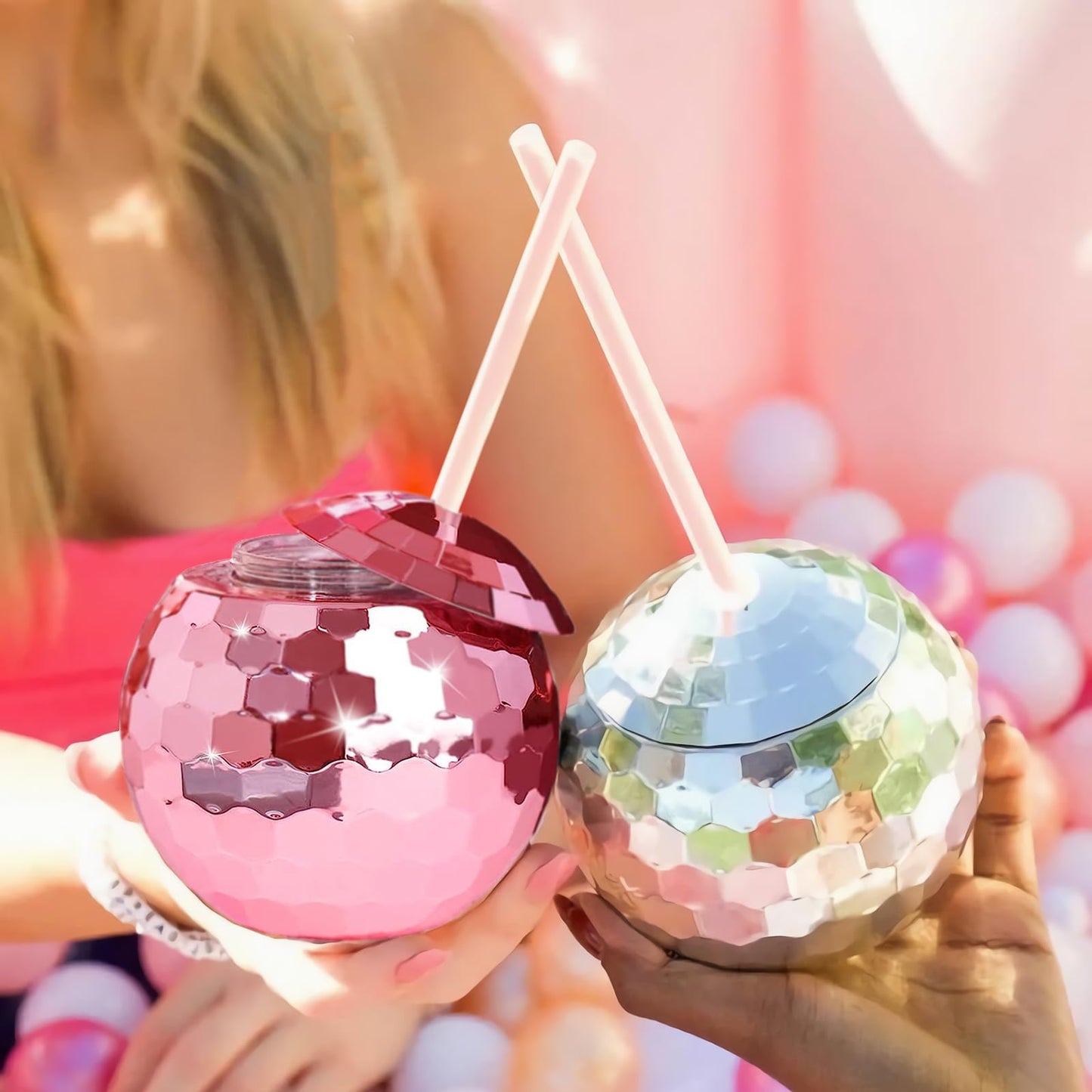 ZHURUININ Disco Ball Cups 20oz – Rose Gold with Lid & Reusable Straw (12-Count)