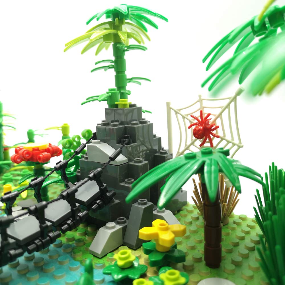 ZHX Rainforest Jungle Bridge Building Block Toys – 2 Baseplates (10x10 in) with Coconut Trees, Animals & Flowers