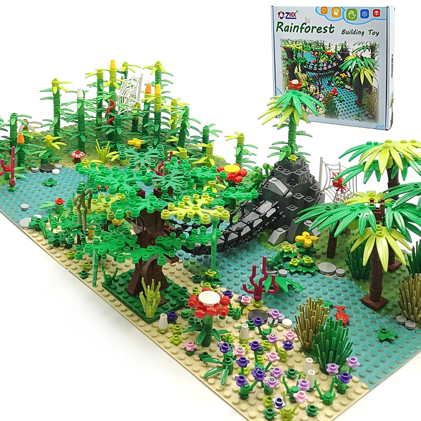 ZHX Rainforest Jungle Bridge Building Block Toys – 2 Baseplates (10x10 in) with Coconut Trees, Animals & Flowers