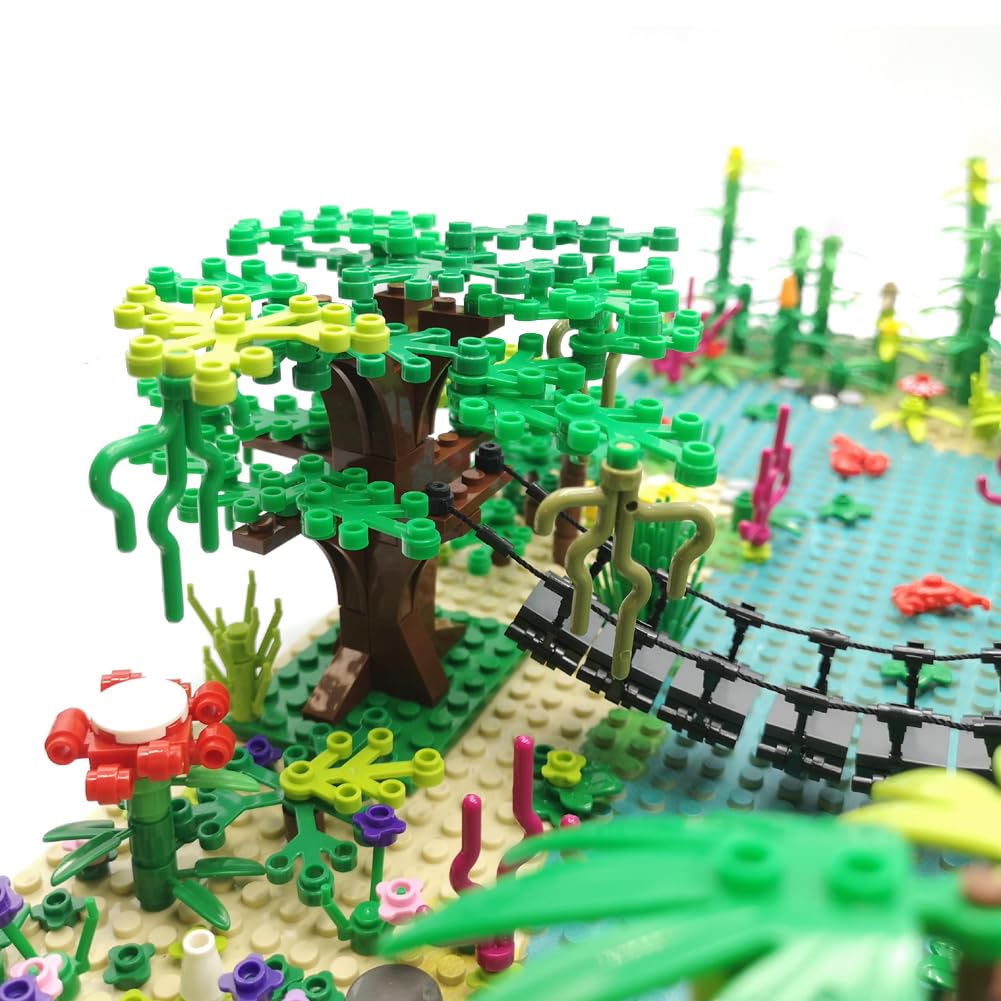 ZHX Rainforest Jungle Bridge Building Block Toys – 2 Baseplates (10x10 in) with Coconut Trees, Animals & Flowers