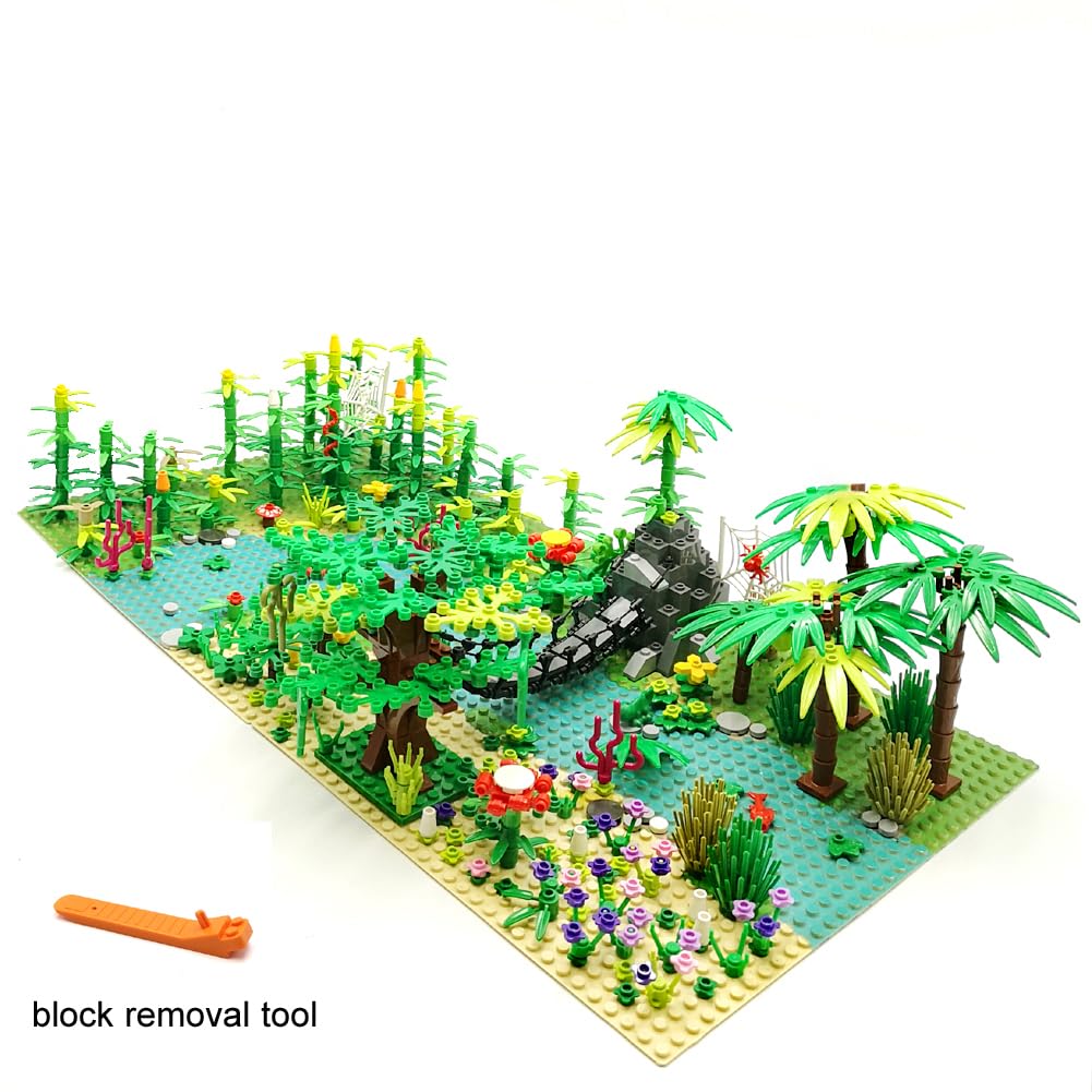 ZHX Rainforest Jungle Bridge Building Block Toys – 2 Baseplates (10x10 in) with Coconut Trees, Animals & Flowers