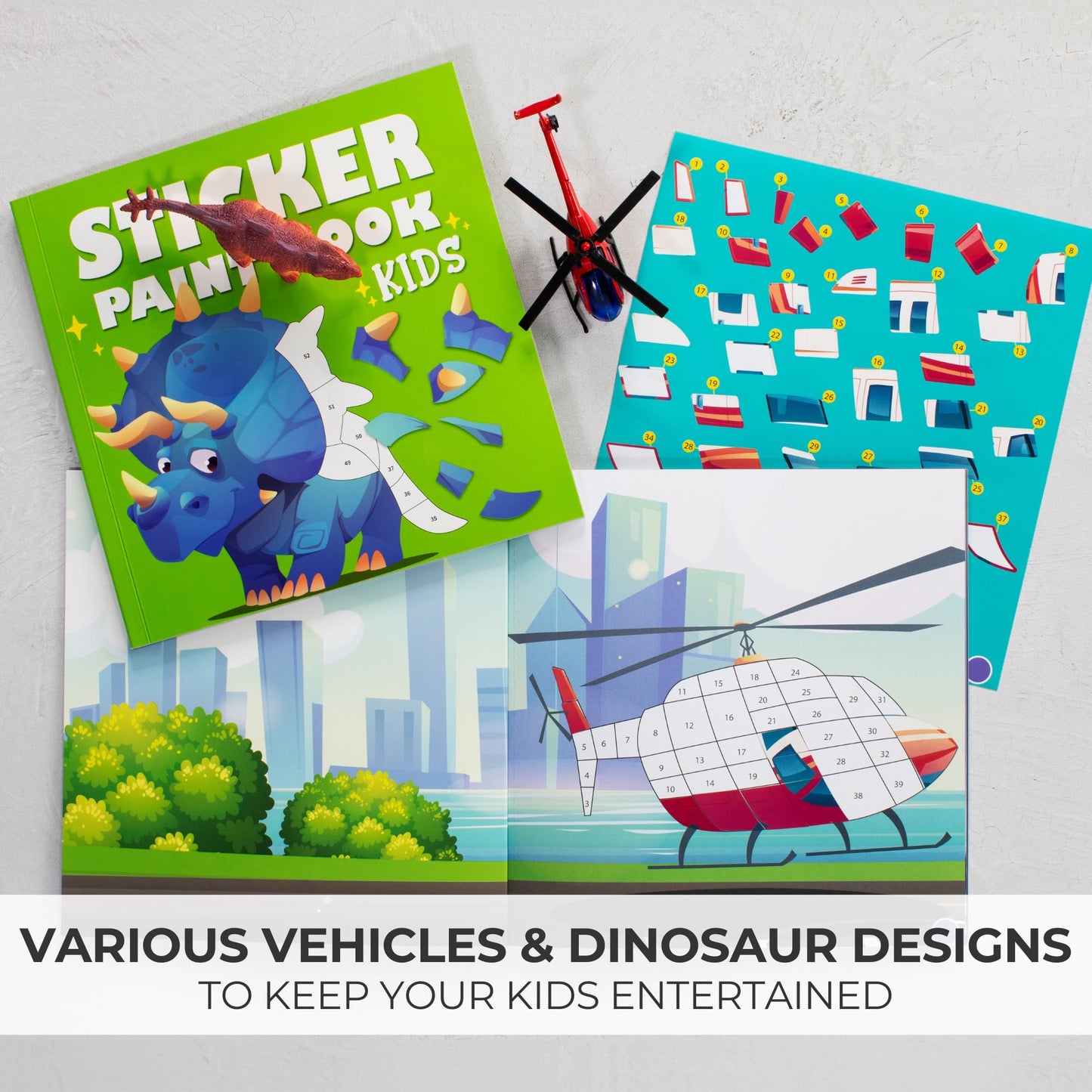 ZICOTO Paint by Stickers Book Set for Kids – 2 Creative Sticker Books (Dinosaurs & Vehicles)