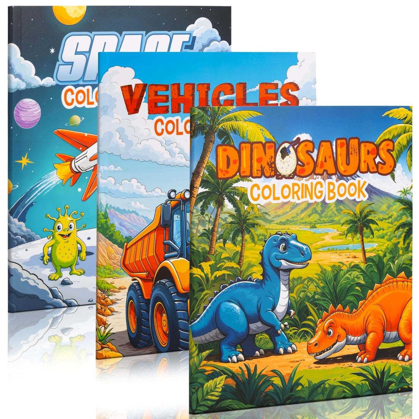 ZICOTO 3-in-1 Kids Coloring Book Set – Dinosaurs, Space & Trucks for Boys Aged 4–8