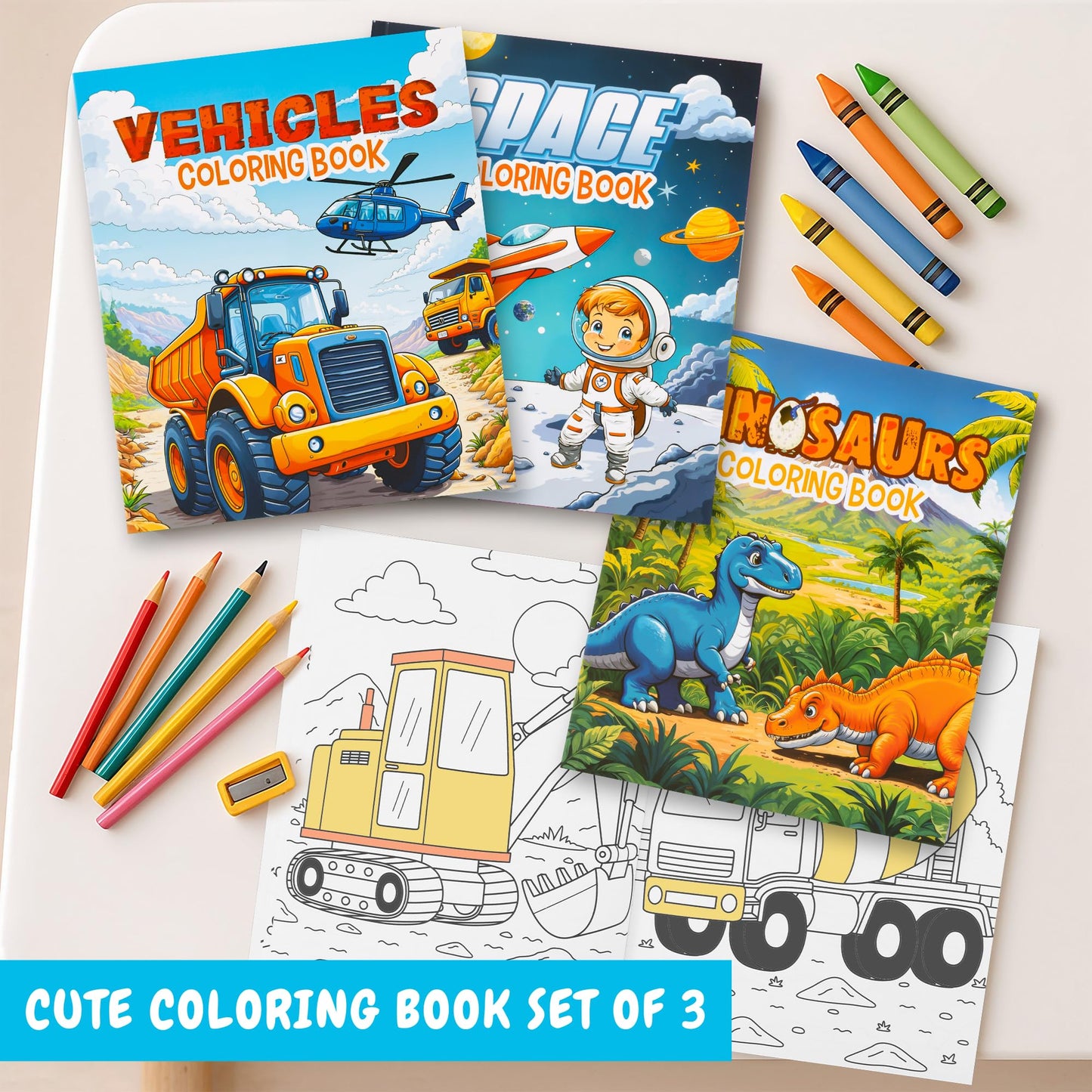ZICOTO 3-in-1 Kids Coloring Book Set – Dinosaurs, Space & Trucks for Boys Aged 4–8