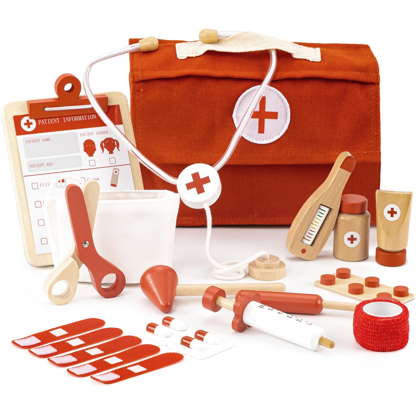 ZICOTO Wooden Doctor Play Set for Toddlers – 20-Piece Non-Toxic Kit (Red)