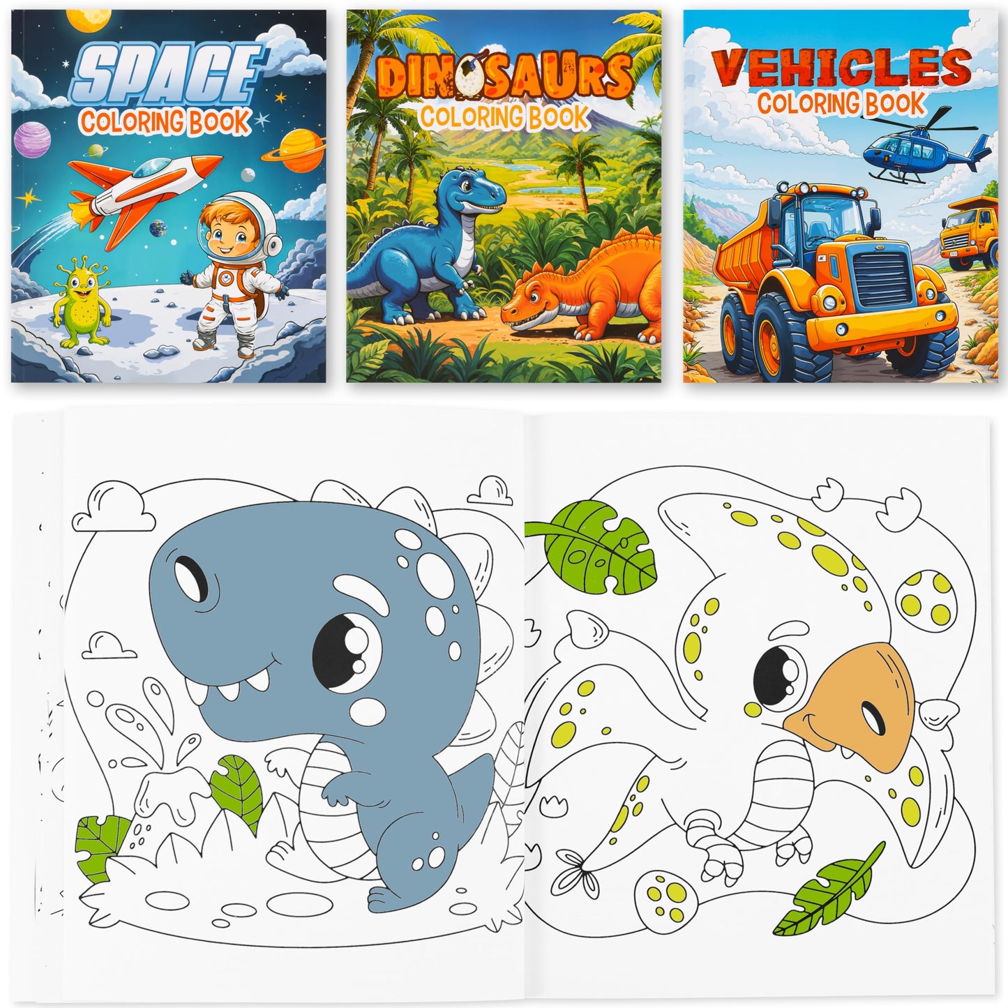 ZICOTO 3-in-1 Kids Coloring Book Set – Dinosaurs, Space & Trucks for Boys Aged 4–8