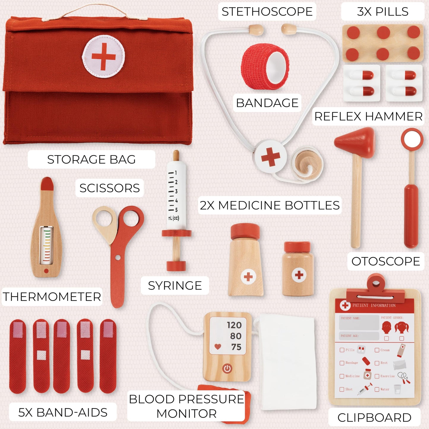 ZICOTO Wooden Doctor Play Set for Toddlers – 20-Piece Non-Toxic Kit (Red)