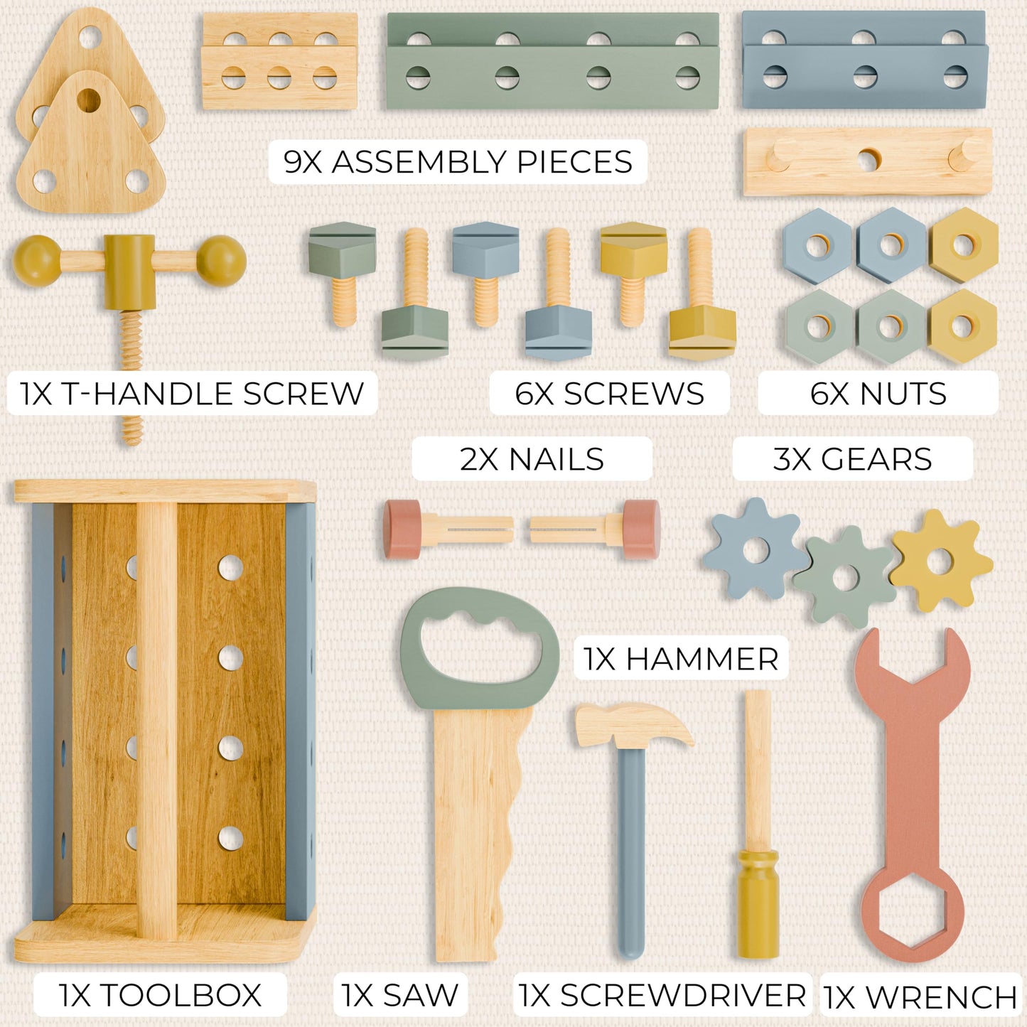 ZICOTO Durable Wooden Toddler Tool Set — Montessori Workbench Kit with 31 Safe Tools (Ages 3+)