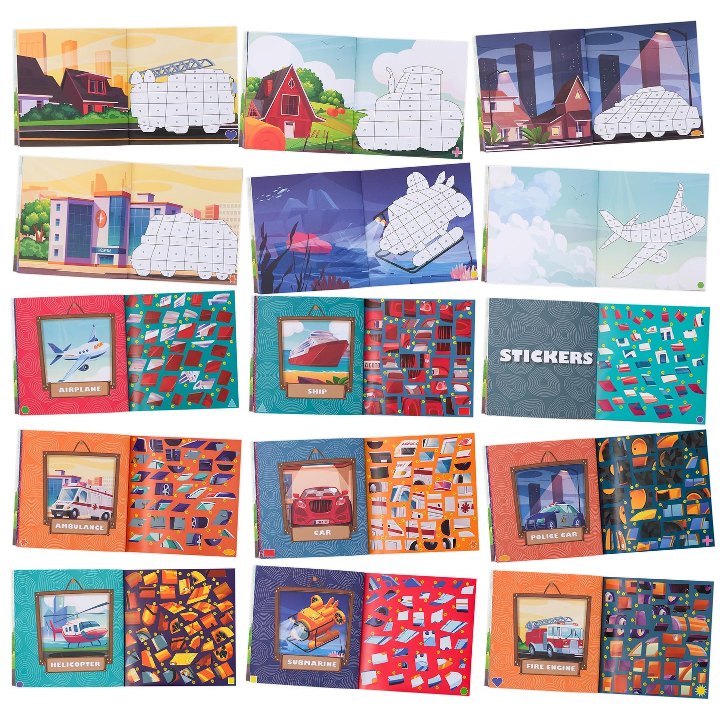 ZICOTO Paint by Stickers Book Set for Kids – 2 Creative Sticker Books (Dinosaurs & Vehicles)