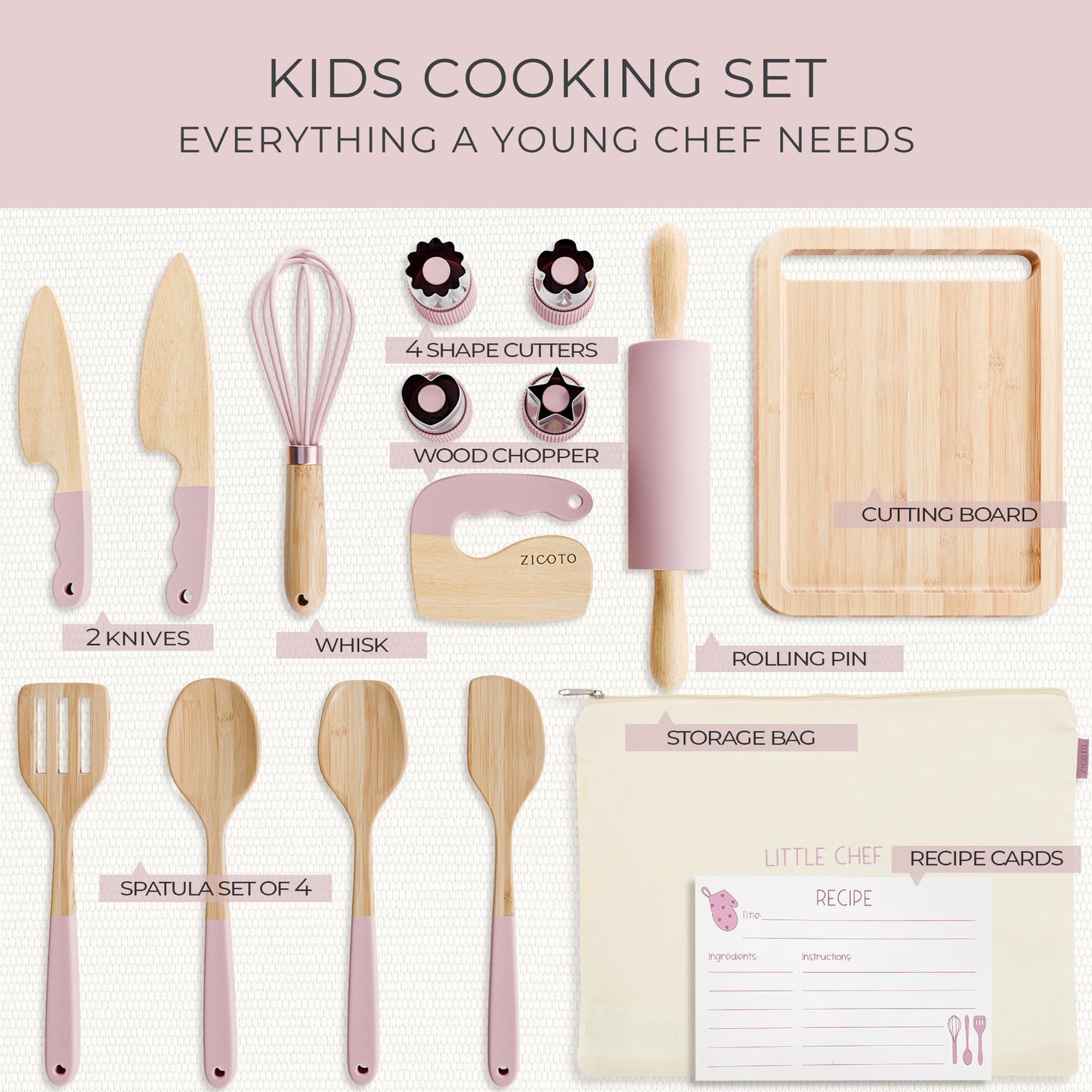 ZICOTO Wooden Cooking & Baking Set for Kids | Safe, Durable Kitchen Tools