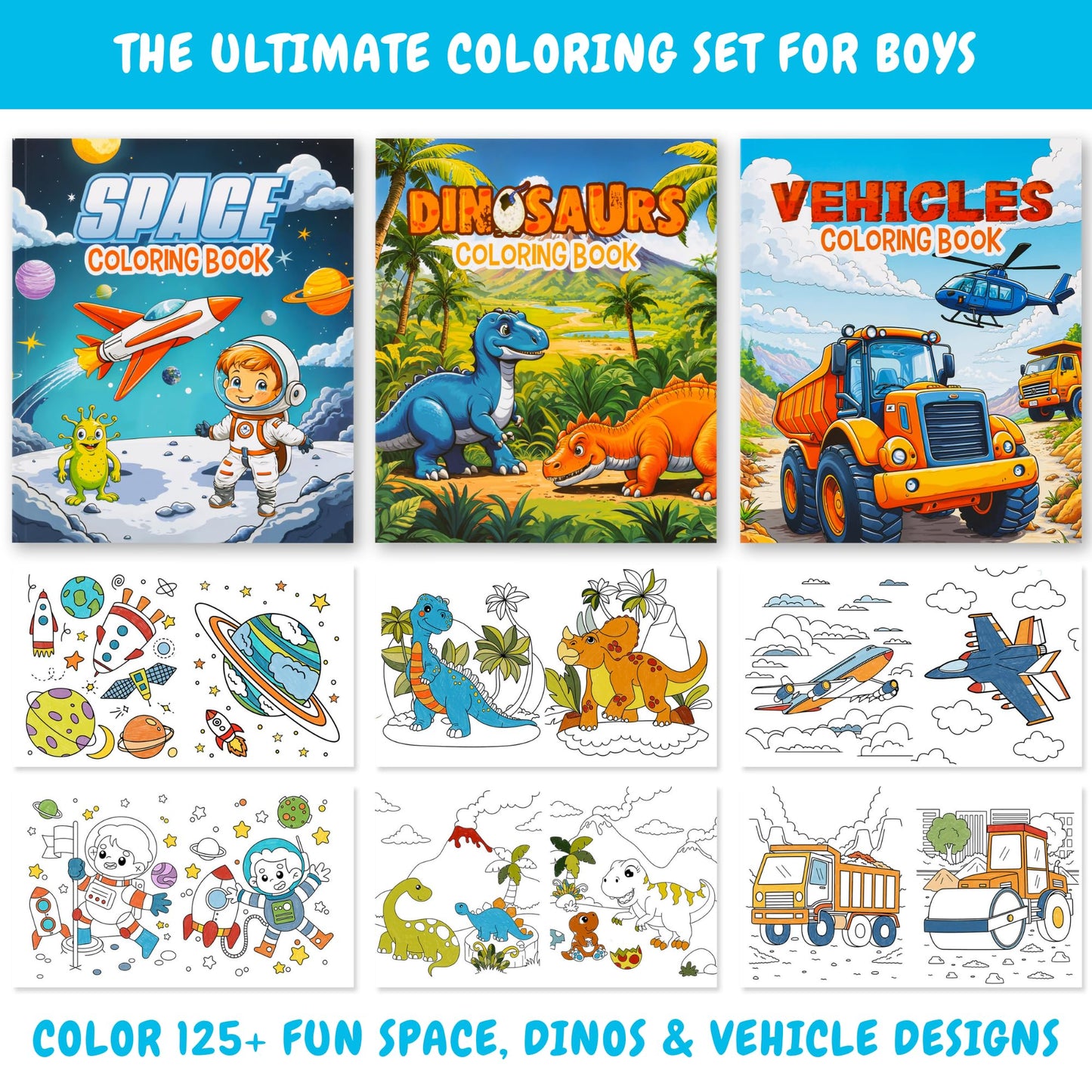 ZICOTO 3-in-1 Kids Coloring Book Set – Dinosaurs, Space & Trucks for Boys Aged 4–8