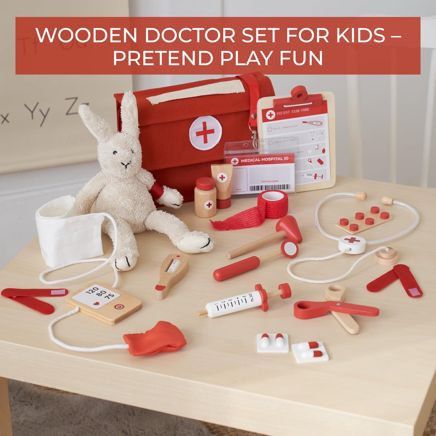 ZICOTO Wooden Doctor Play Set for Toddlers – 20-Piece Non-Toxic Kit (Red)