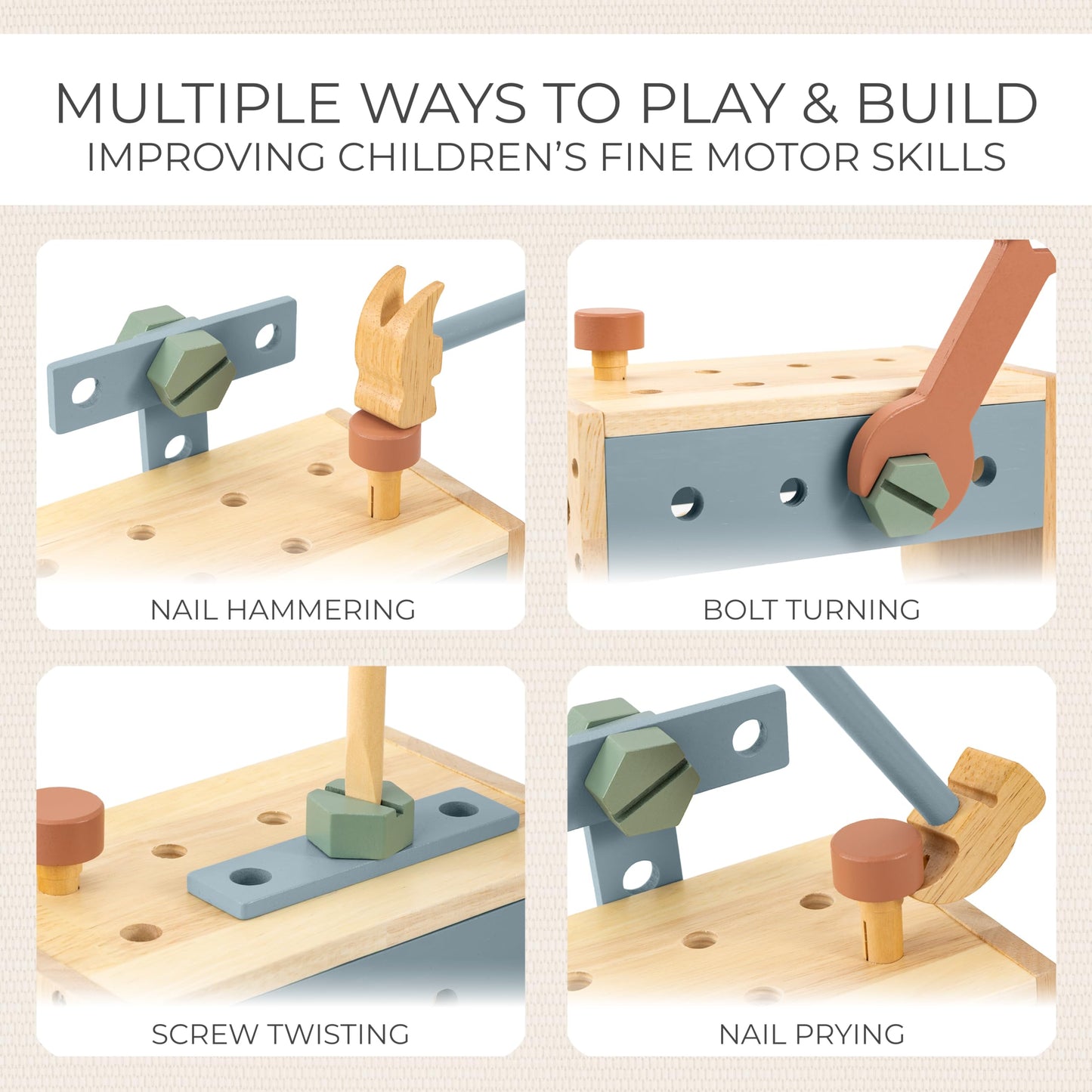 ZICOTO Durable Wooden Toddler Tool Set — Montessori Workbench Kit with 31 Safe Tools (Ages 3+)