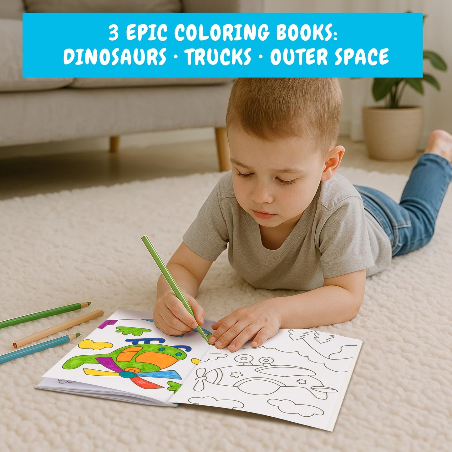 ZICOTO 3-in-1 Kids Coloring Book Set – Dinosaurs, Space & Trucks for Boys Aged 4–8