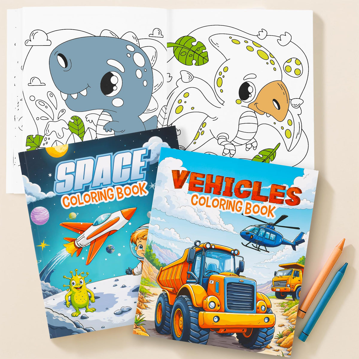 ZICOTO 3-in-1 Kids Coloring Book Set – Dinosaurs, Space & Trucks for Boys Aged 4–8