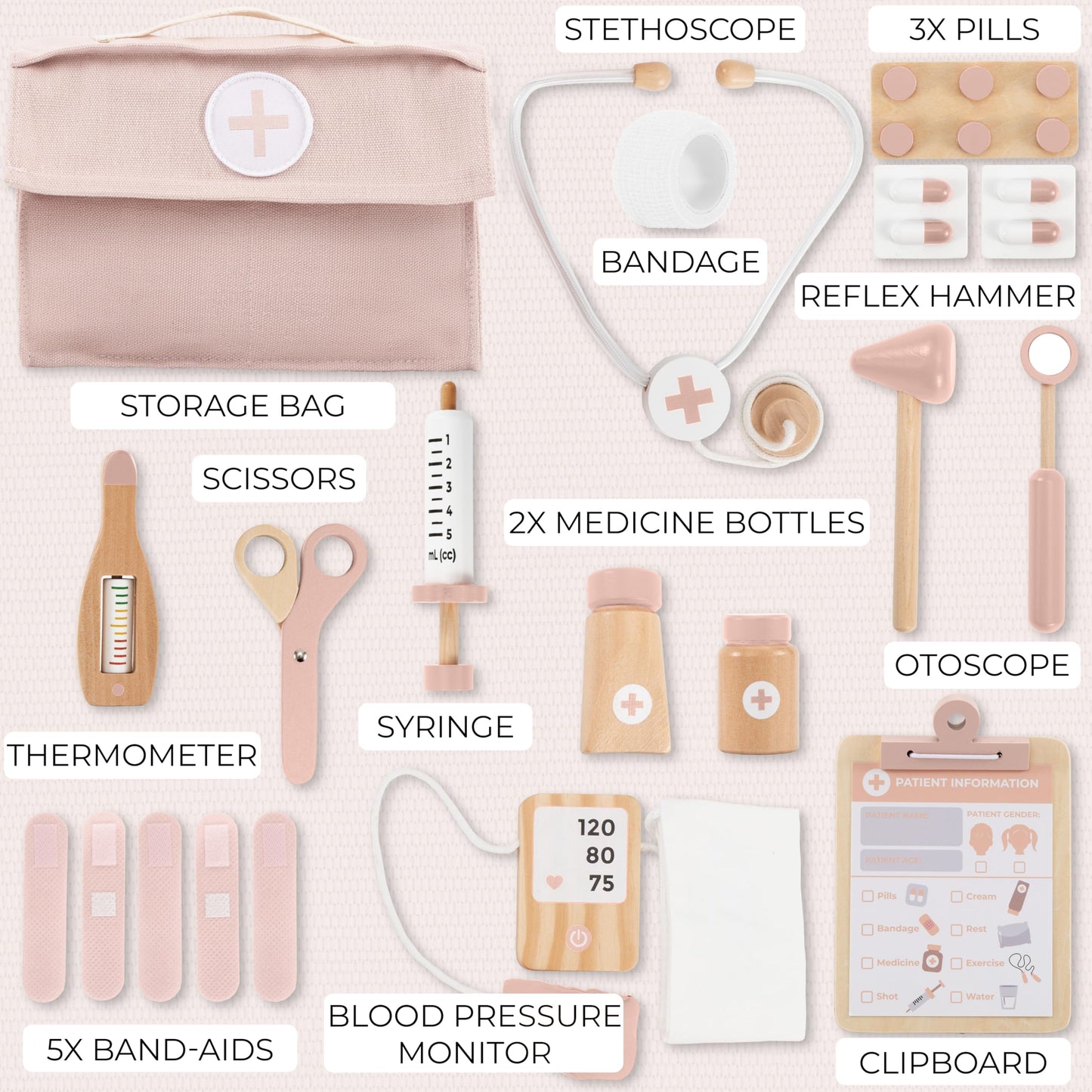 ZICOTO Wooden Doctor Play Set for Toddlers – 20-Piece Realistic Medical Kit