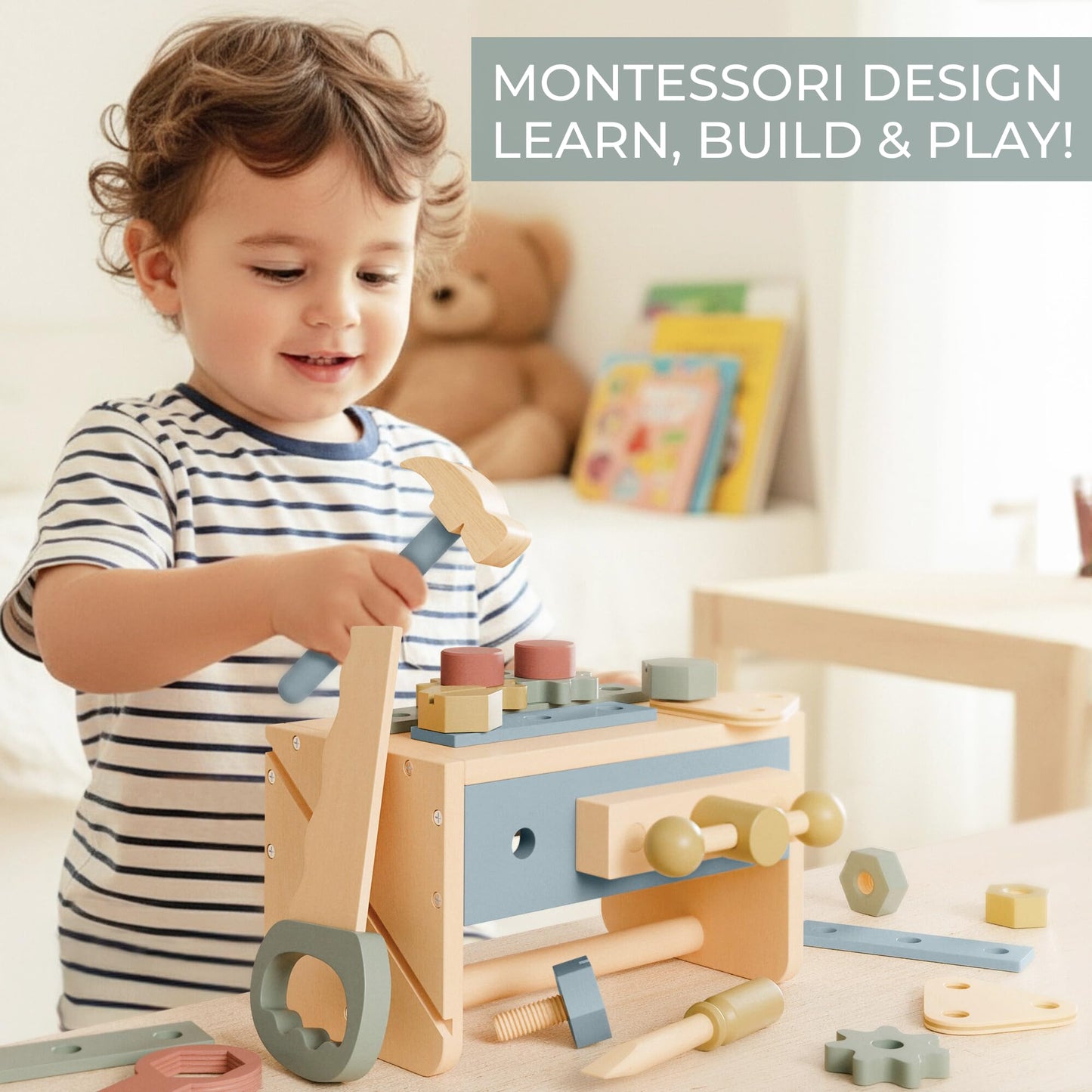 ZICOTO Durable Wooden Toddler Tool Set — Montessori Workbench Kit with 31 Safe Tools (Ages 3+)