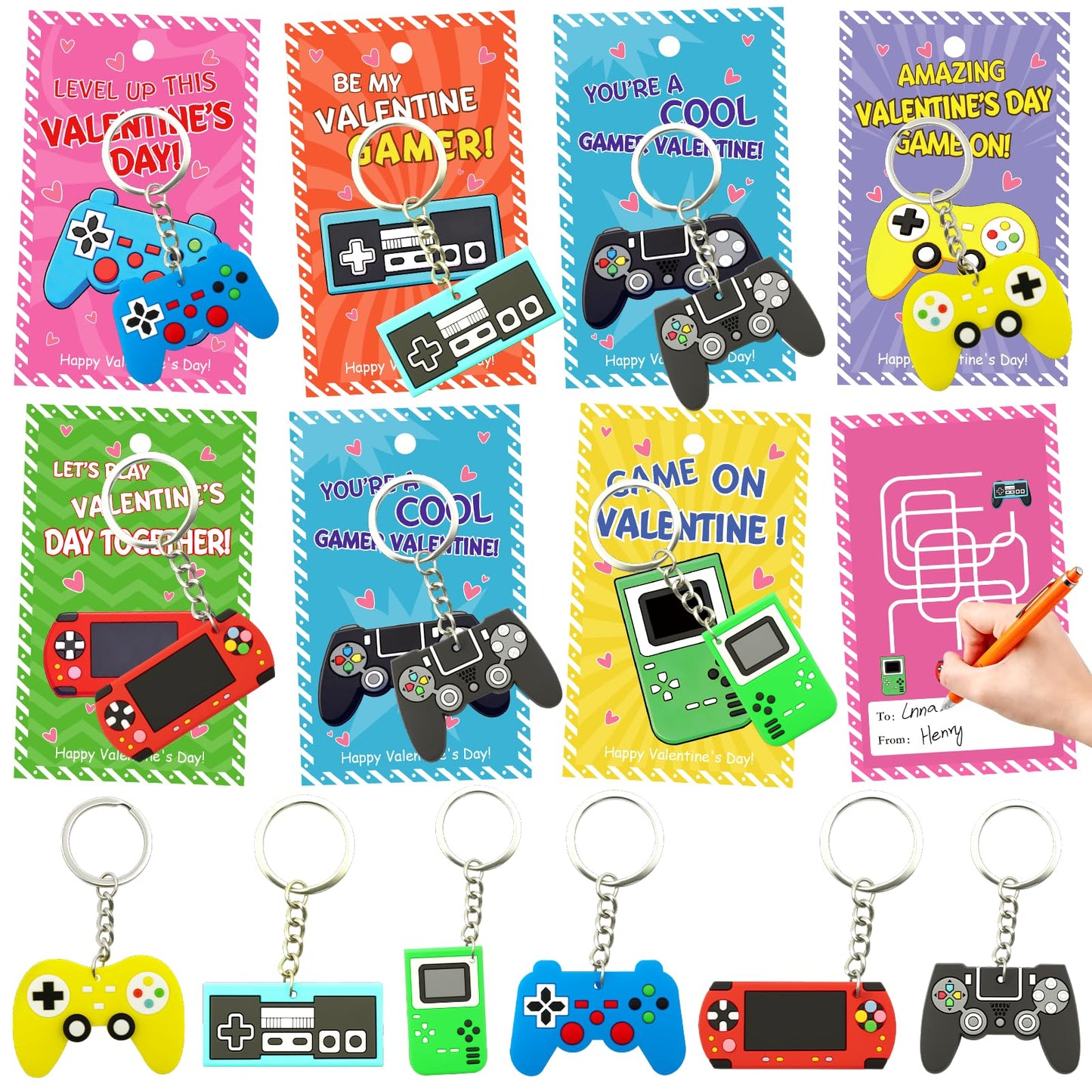 ZICZLI 28-Pack Valentines Cards & Video Game Controller Keychains – Classroom Party Favors for Kids