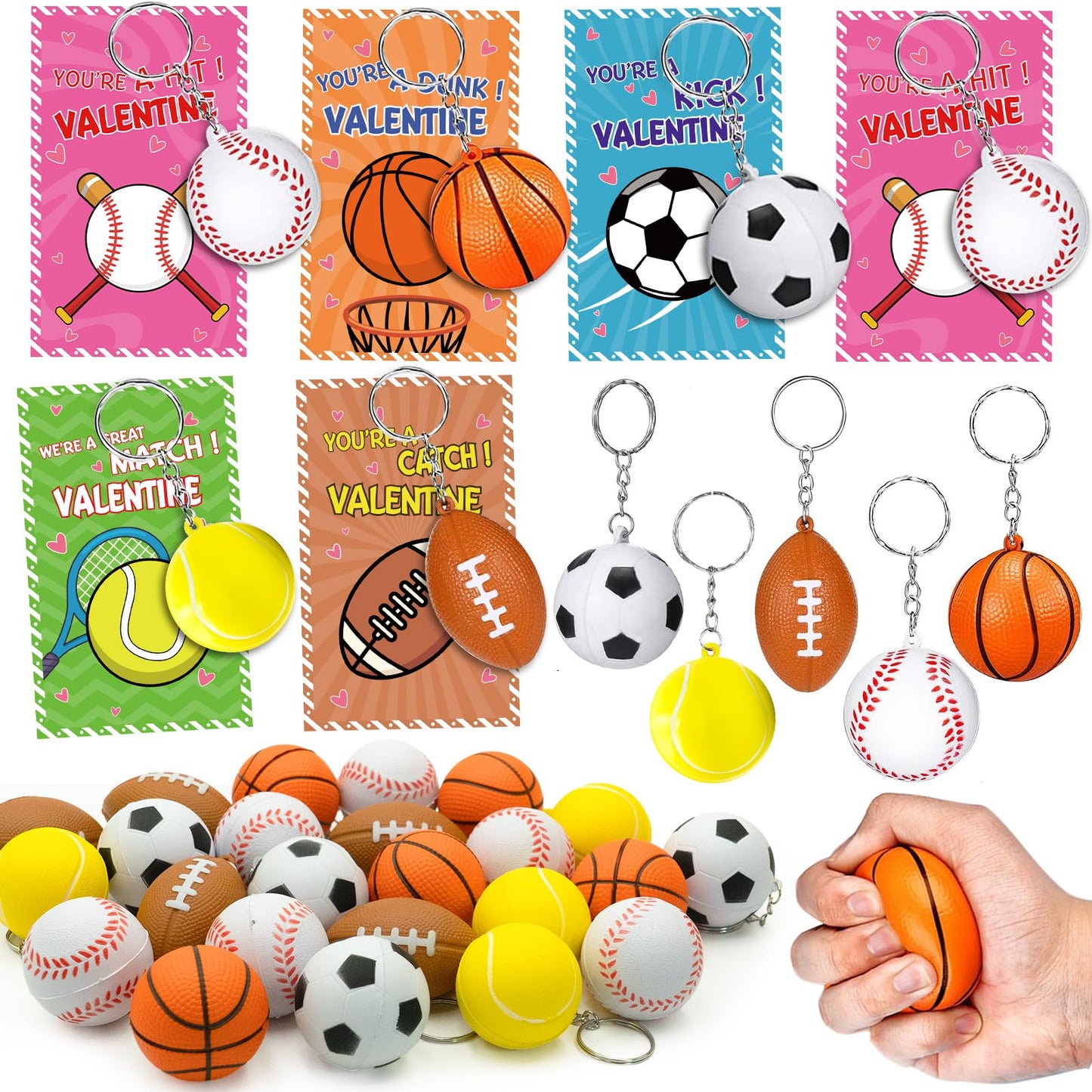ZICZLI 30 Pack Sports Valentines Cards & Stress Relief Keychains for Kids