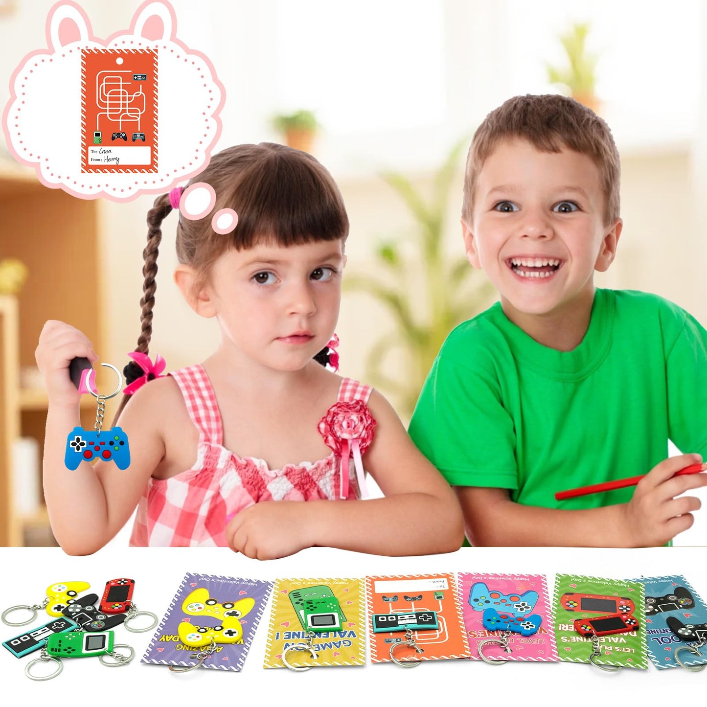 ZICZLI 28-Pack Valentines Cards & Video Game Controller Keychains – Classroom Party Favors for Kids