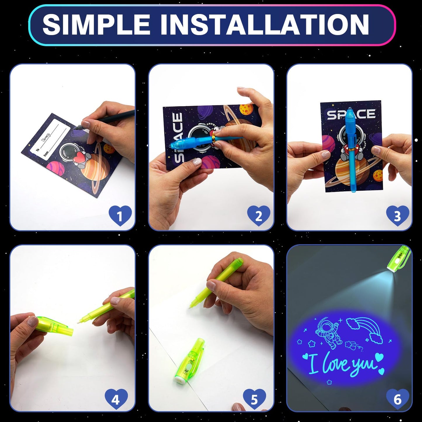 ZICZLI 24-Pack Invisible Ink Pen with UV Light & Space Astronaut Valentines Cards for Kids
