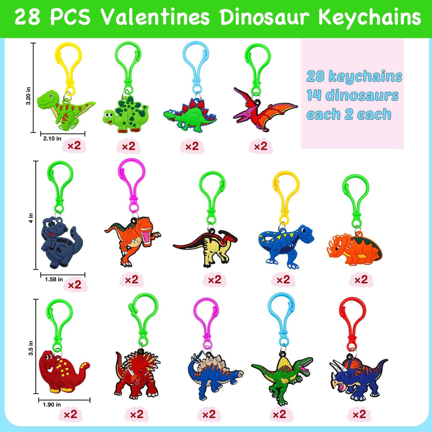 ZICZLI 28-Pack Valentines Dinosaur Keychains with Cards – Classroom Gifts & Party Favors