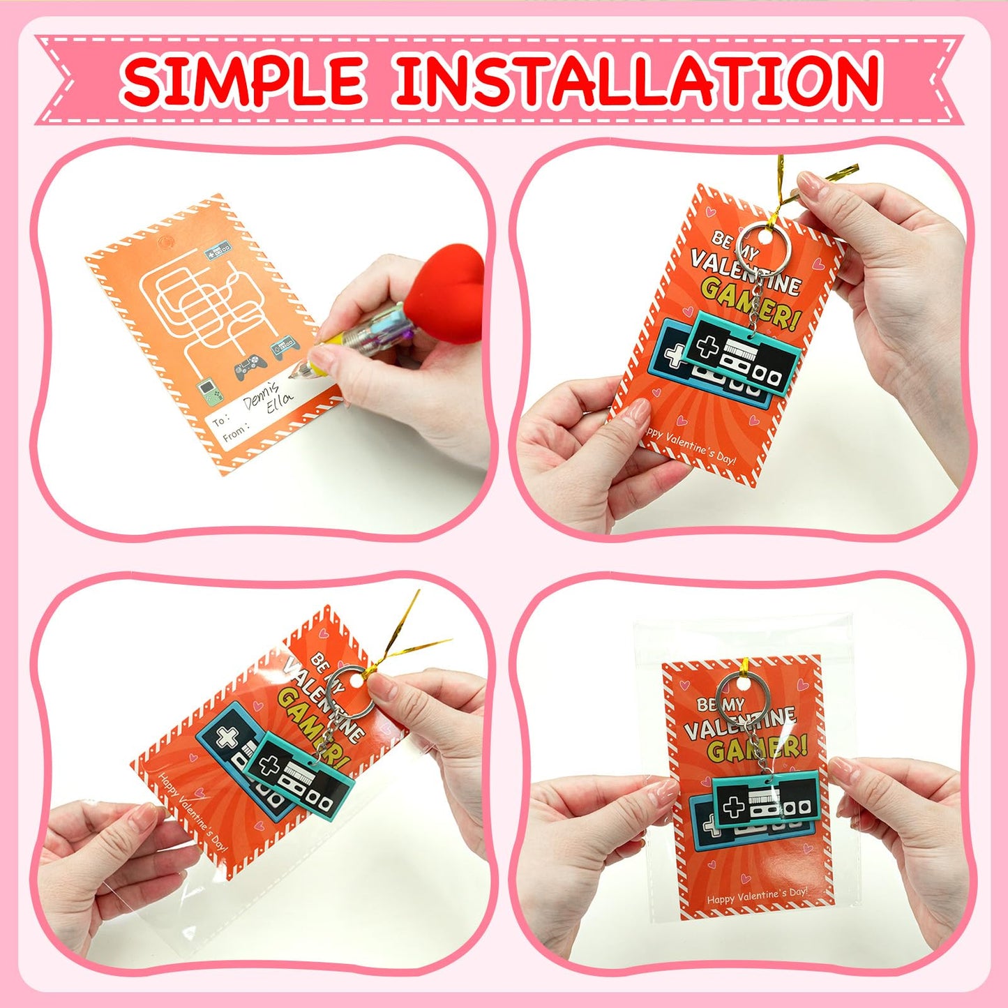 ZICZLI 28-Pack Valentines Cards & Video Game Controller Keychains – Classroom Party Favors for Kids