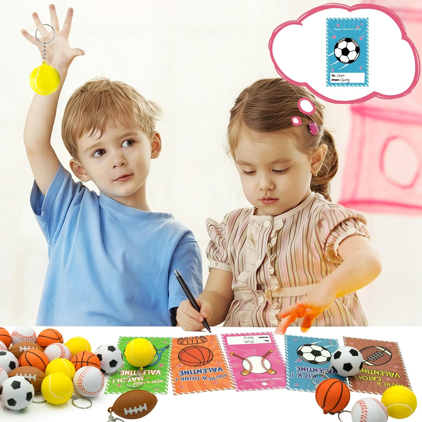 ZICZLI 30 Pack Sports Valentines Cards & Stress Relief Keychains for Kids