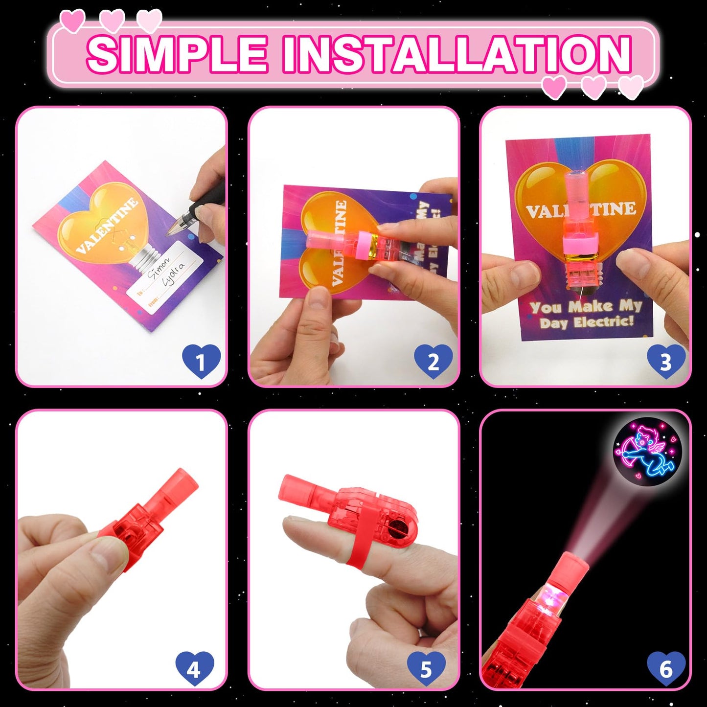 ZICZLI Neon Valentine 28-Pack: LED Finger Lights & Cards for Kids