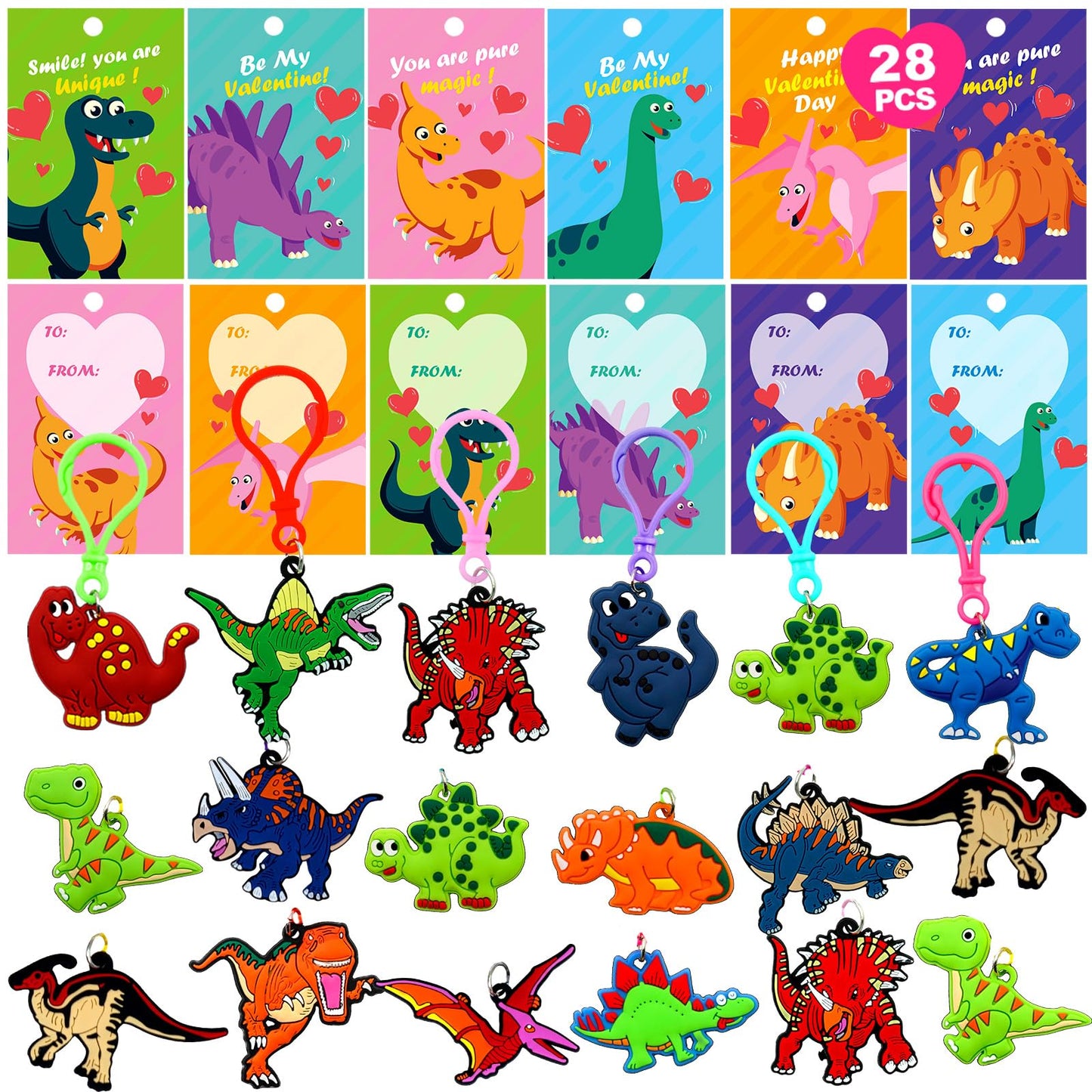 ZICZLI 28-Pack Valentines Dinosaur Keychains with Cards – Classroom Gifts & Party Favors
