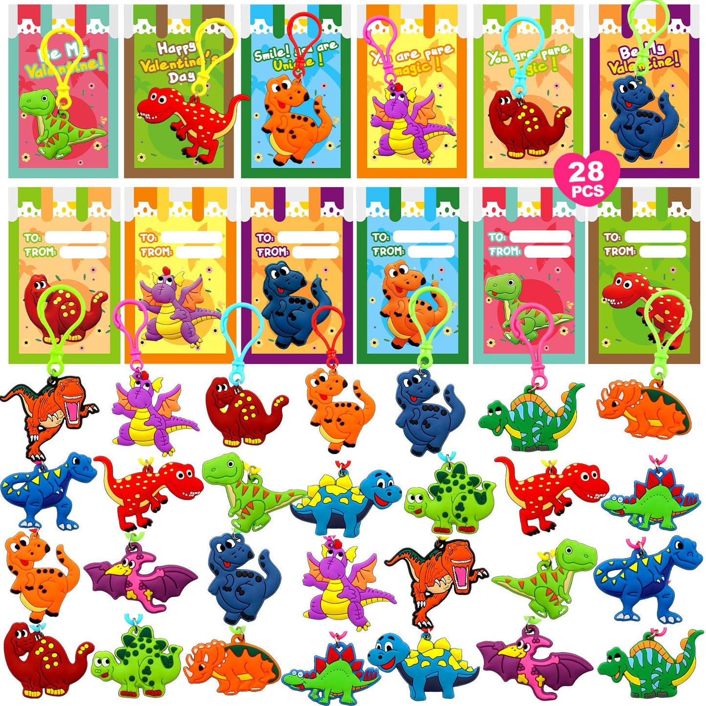 ZICZLI 28-Pack Valentines Day Gifts for Kids — Dinosaur Keychains with Cards
