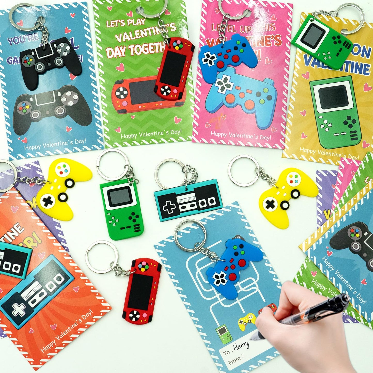 ZICZLI 28-Pack Valentines Cards & Video Game Controller Keychains – Classroom Party Favors for Kids
