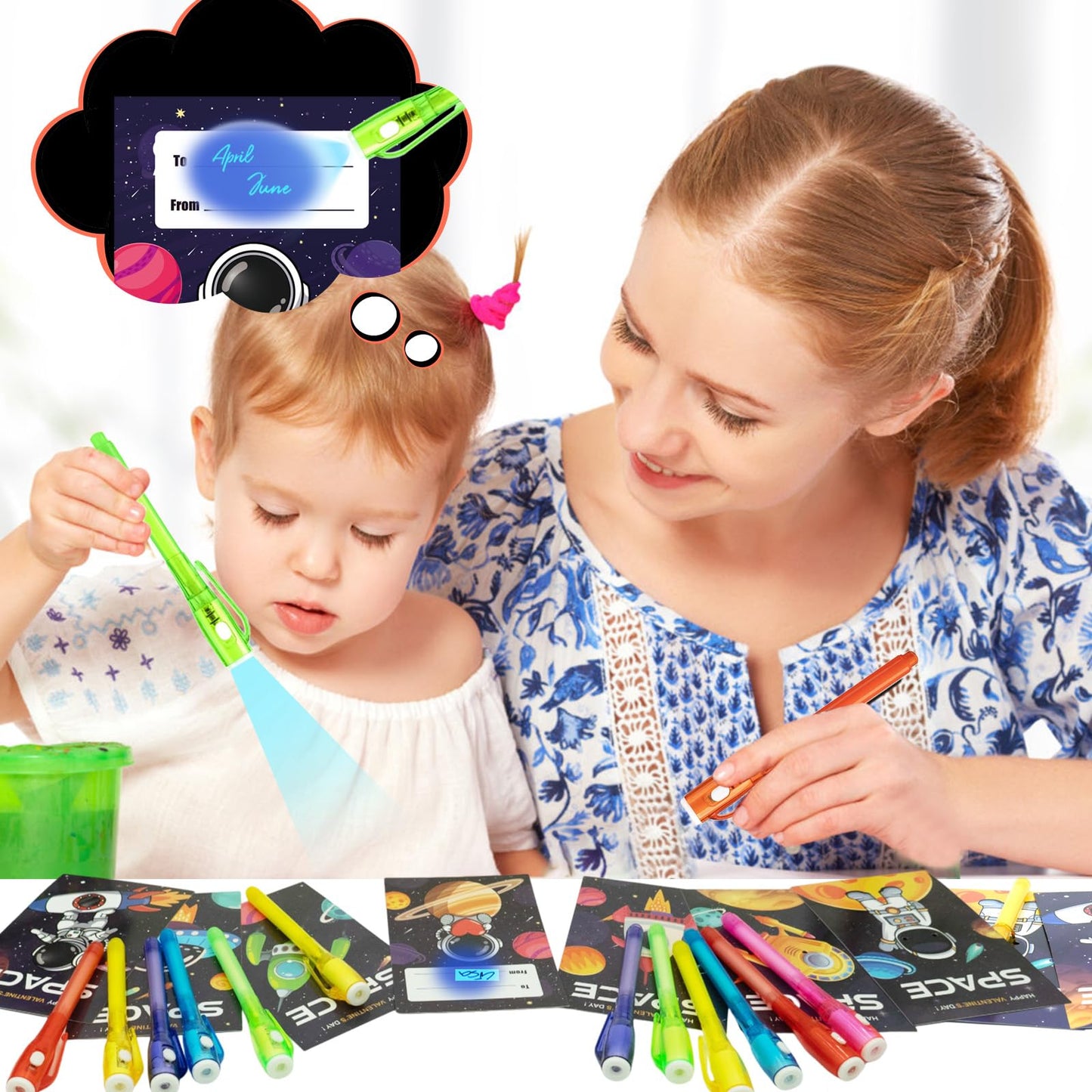 ZICZLI 24-Pack Invisible Ink Pen with UV Light & Space Astronaut Valentines Cards for Kids