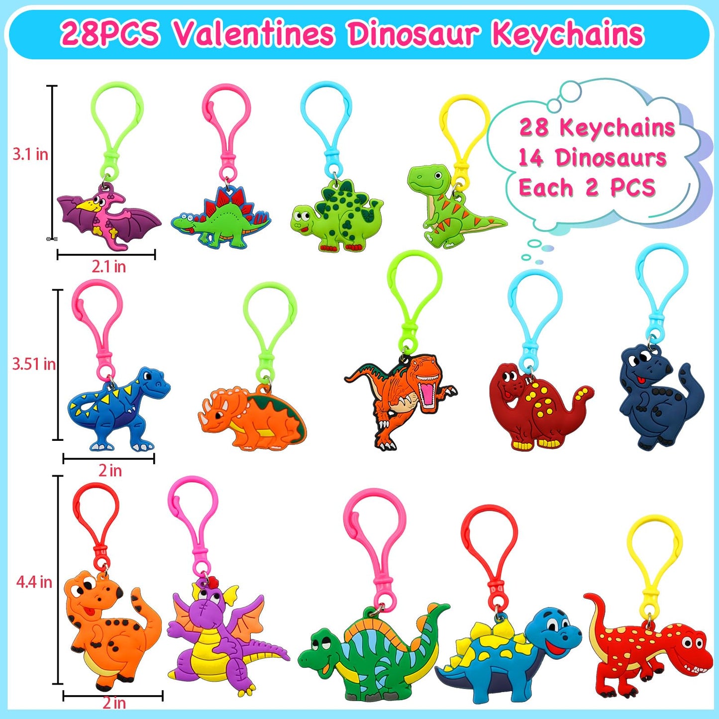 ZICZLI 28-Pack Valentines Day Gifts for Kids — Dinosaur Keychains with Cards