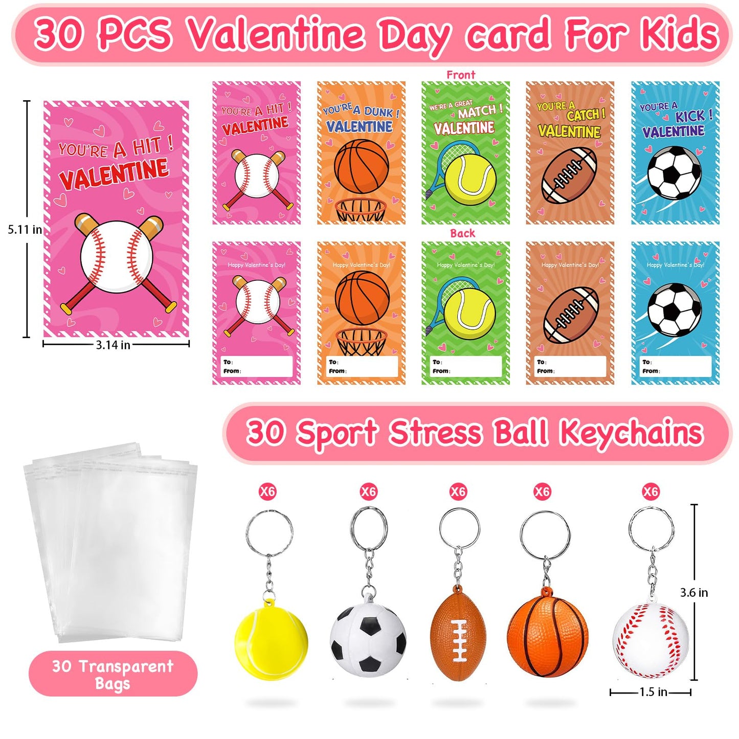 ZICZLI 30 Pack Sports Valentines Cards & Stress Relief Keychains for Kids