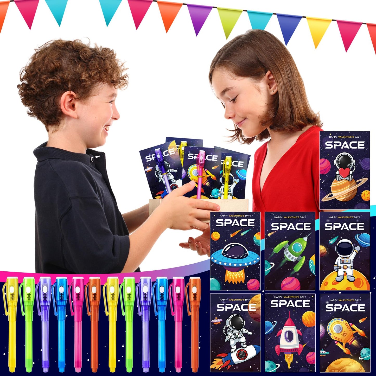 ZICZLI 24-Pack Invisible Ink Pen with UV Light & Space Astronaut Valentines Cards for Kids
