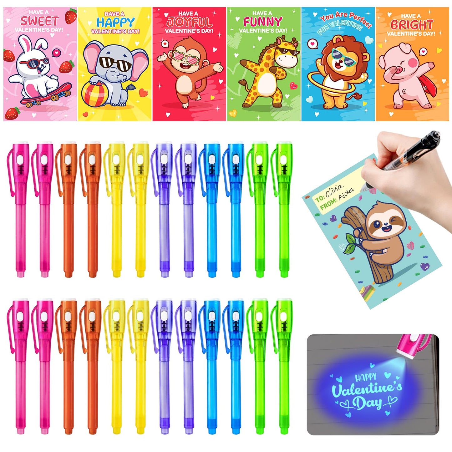 ZICZLI 24-Pack Invisible Ink Pens with UV Light + Animal Detective Cards – Valentines Day Kids Gifts