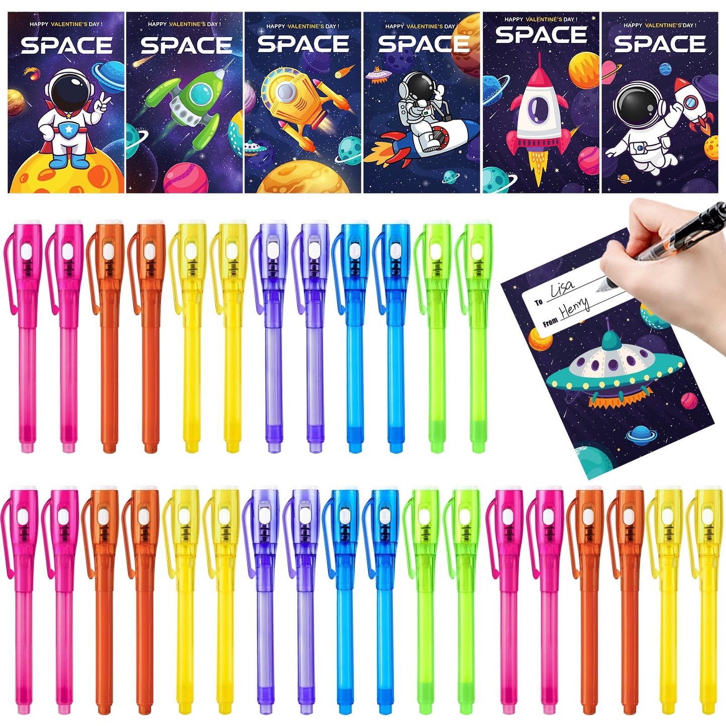 ZICZLI 24-Pack Invisible Ink Pen with UV Light & Space Astronaut Valentines Cards for Kids
