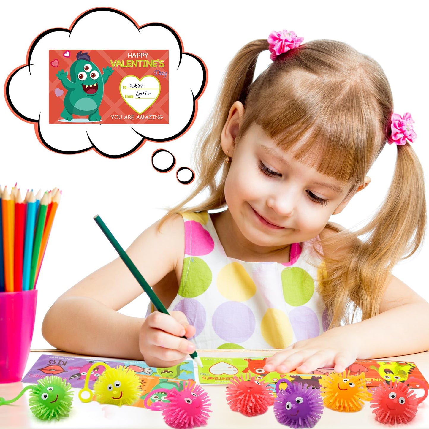 ZICZLI 24-Pack Valentines Gifts for Kids – LED Puffer Balls & Monster Cards