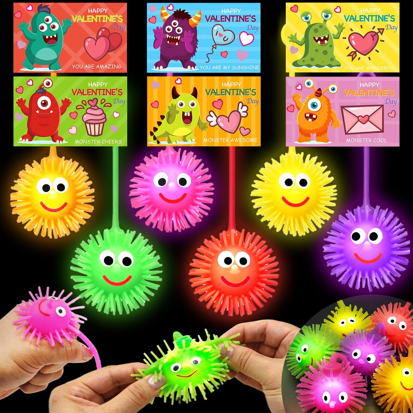 ZICZLI 24-Pack Valentines Gifts for Kids – LED Puffer Balls & Monster Cards