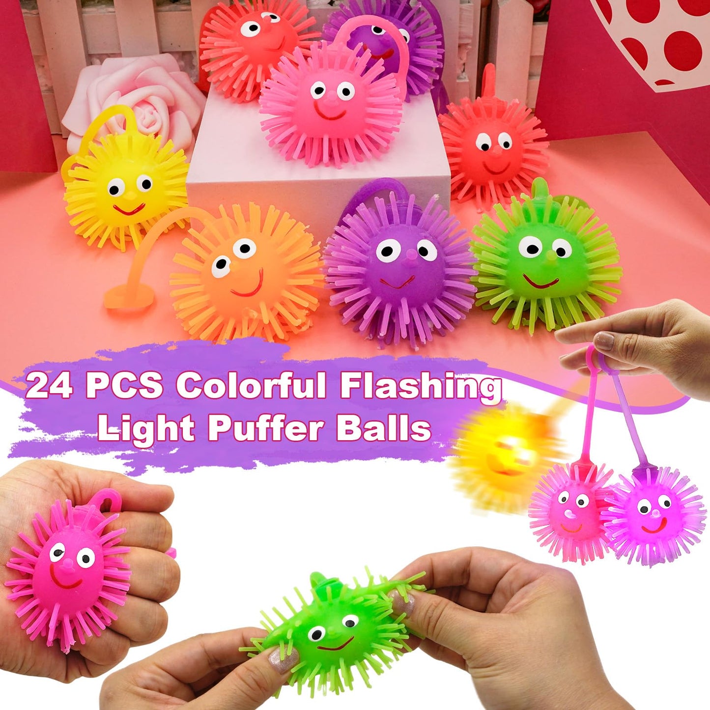ZICZLI 24-Pack Valentines Gifts for Kids – LED Puffer Balls & Monster Cards