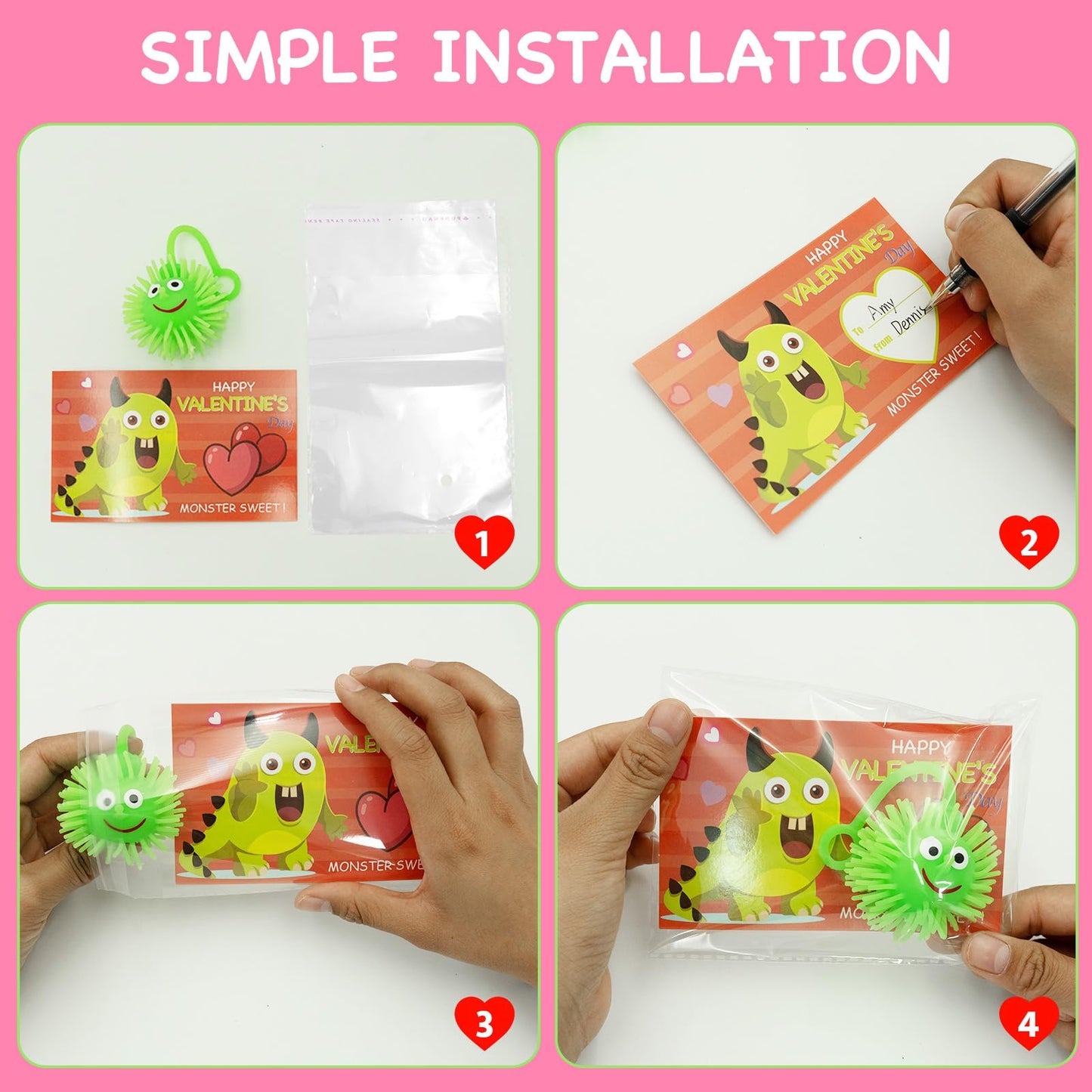 ZICZLI 24-Pack Valentines Gifts for Kids – LED Puffer Balls & Monster Cards