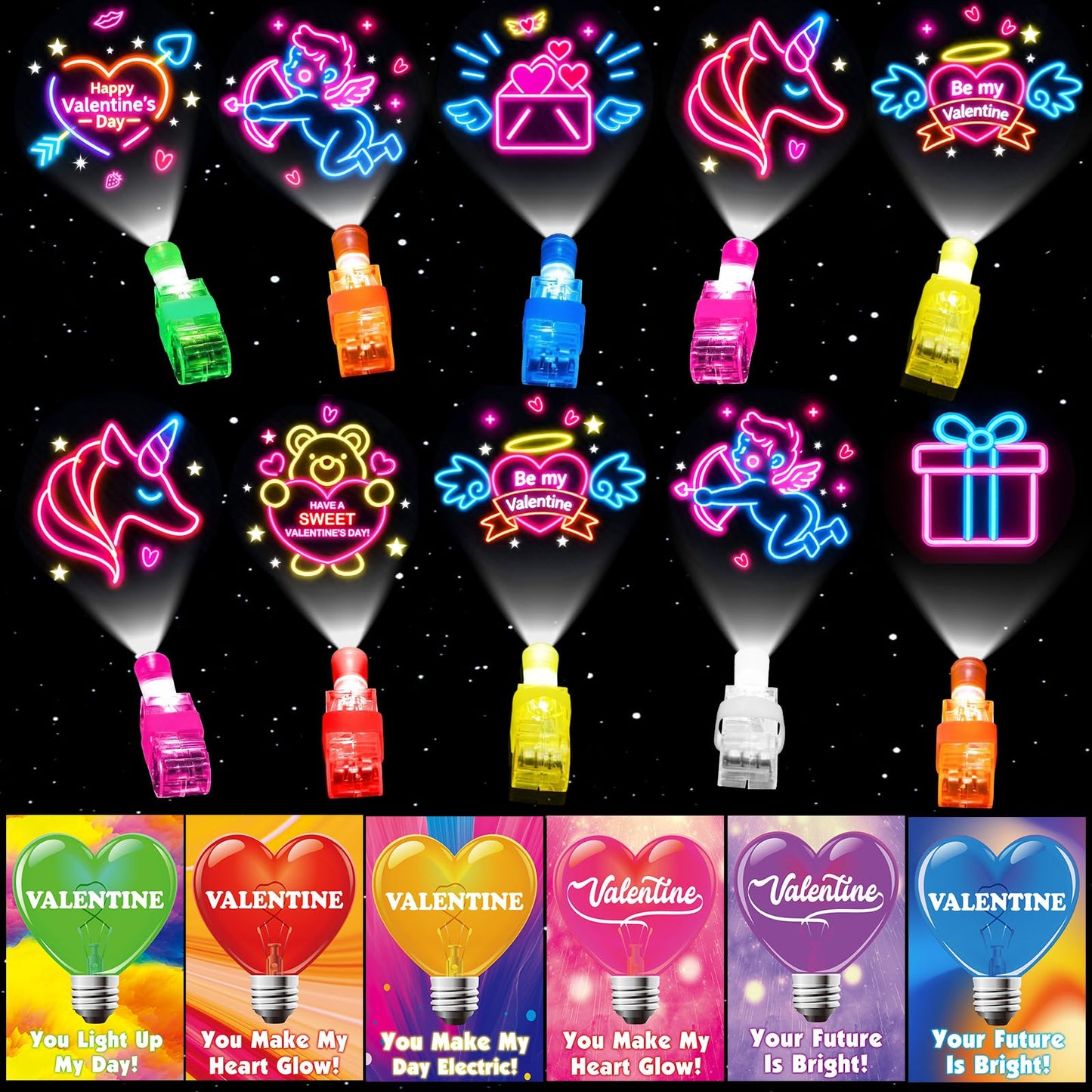 ZICZLI Neon Valentine 28-Pack: LED Finger Lights & Cards for Kids